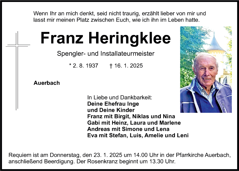  Traueranzeige für Franz Heringklee vom 21.01.2025 aus Nordbayerische Nachrichten Pegnitz Lokal