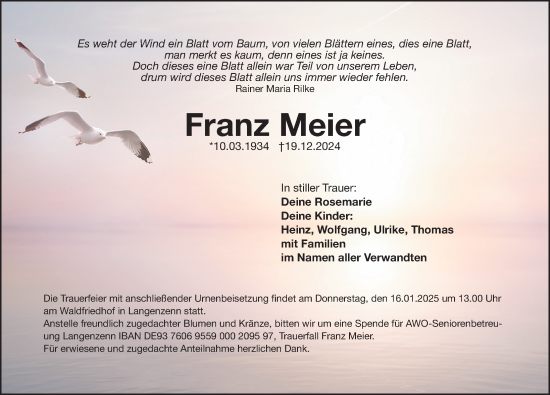 Traueranzeige von Franz Meier von Fürther Nachrichten Lokal