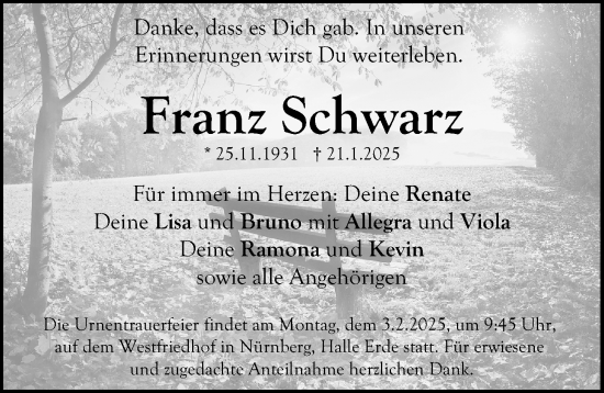 Traueranzeige von Franz Schwarz von Gesamtausgabe Nürnberger Nachrichten/ Nürnberger Ztg.