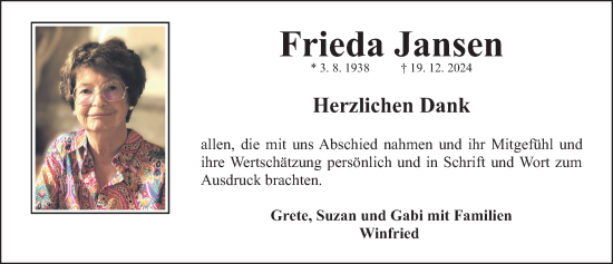 Traueranzeige von Frieda Jansen von Gesamtausgabe Nürnberger Nachrichten/ Nürnberger Ztg.