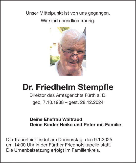 Traueranzeige von Friedhelm Stempfle von Gesamtausgabe Nürnberger Nachrichten/ Nürnberger Ztg./ Fürther Nachrichten