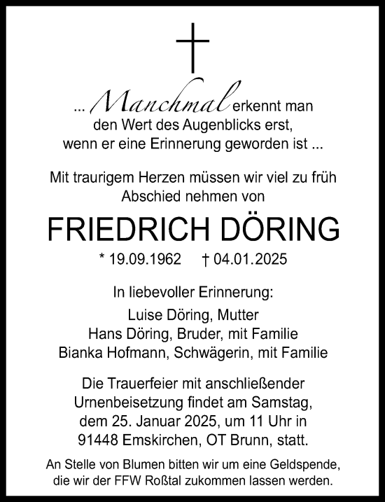 Traueranzeige von Friedrich Döring von Fürther Nachrichten Lokal