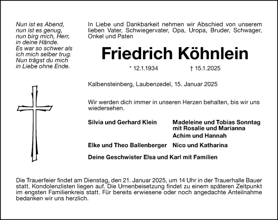 Traueranzeige von Friedrich Köhnlein von Altmühl-Bote Lokal