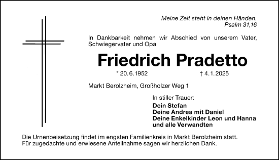 Traueranzeige von Friedrich Pradetto von Altmühl-Bote Lokal