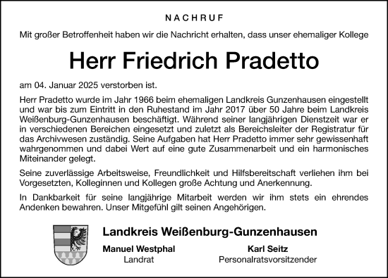 Traueranzeige von Friedrich Pradetto von Altmühl-Bote Lokal