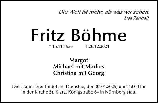 Traueranzeige von Fritz Böhme von Gesamtausgabe Nürnberger Nachrichten/ Nürnberger Ztg.