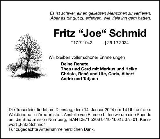 Traueranzeige von Fritz Schmid von Gesamtausgabe Nürnberger Nachrichten/ Nürnberger Ztg.
