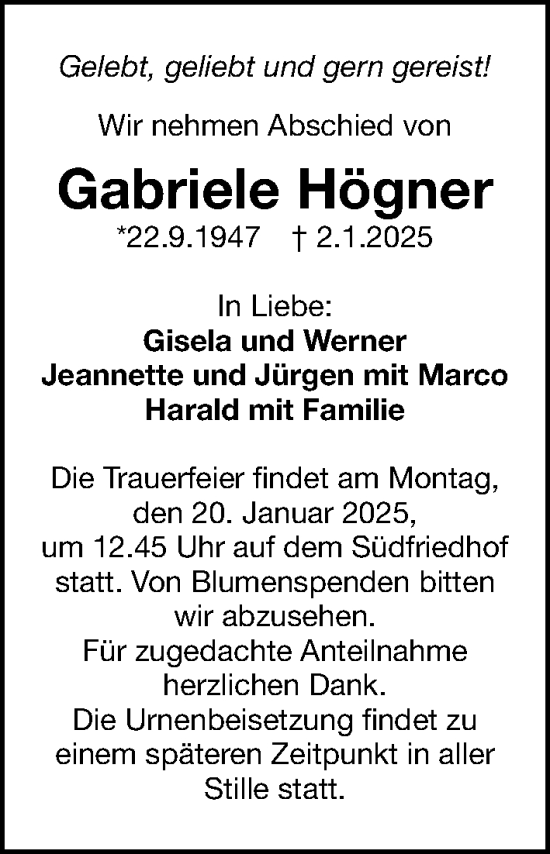 Traueranzeige von Gabriele Högner von Gesamtausgabe Nürnberger Nachrichten/ Nürnberger Ztg.