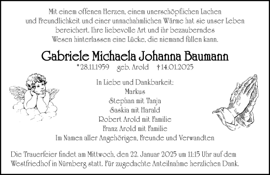 Traueranzeige von Gabriele Michaela Johanna Baumann von Gesamtausgabe Nürnberger Nachrichten/ Nürnberger Ztg.