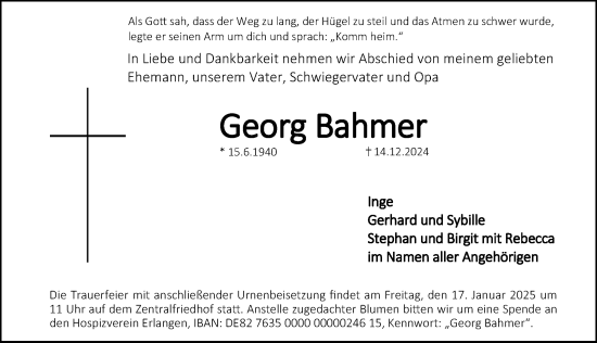 Traueranzeige von Georg Bahmer von Erlanger Nachrichten Lokal