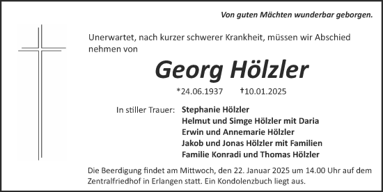 Traueranzeige von Georg Hölzler von Gesamtausgabe Nürnberger Nachrichten/ Nürnberger Ztg./ Erlanger Nachrichten