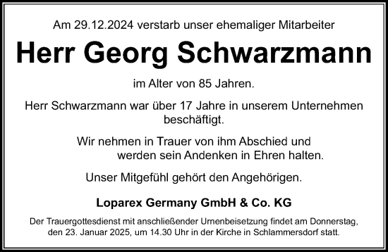 Traueranzeige von Georg Schwarzmann von Nordbayerische Nachrichten Forchheim Lokal