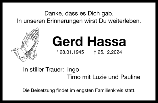 Traueranzeige von Gerd Hassa von Erlanger Nachrichten Lokal