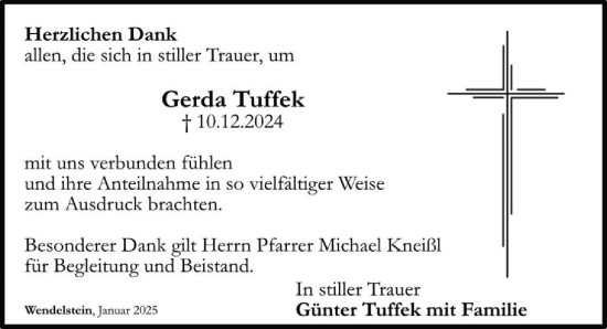 Traueranzeige von Gerda Tuffek von Schwabacher Tagblatt Lokal
