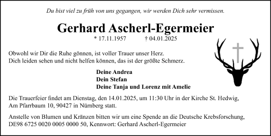 Traueranzeige von Gerhard Ascherl-Egermeier von Gesamtausgabe Nürnberger Nachrichten/ Nürnberger Ztg.