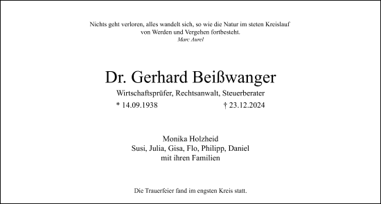 Traueranzeige von Gerhard Beißwanger von Gesamtausgabe Nürnberger Nachrichten/ Nürnberger Ztg.