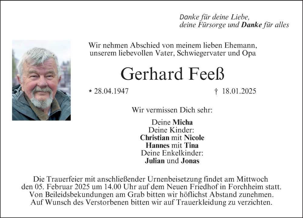 Traueranzeige für Gerhard Feeß vom 01.02.2025 aus Nordbayerische Nachrichten Forchheim Lokal