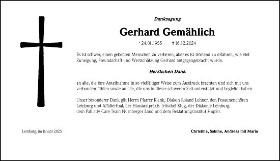 Traueranzeige von Gerhard Gemählich von Gesamtausgabe Nürnberger Nachrichten/ Nürnberger Ztg.