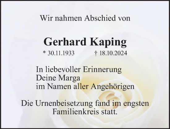 Traueranzeige von Gerhard Kaping von Fürther Nachrichten Lokal