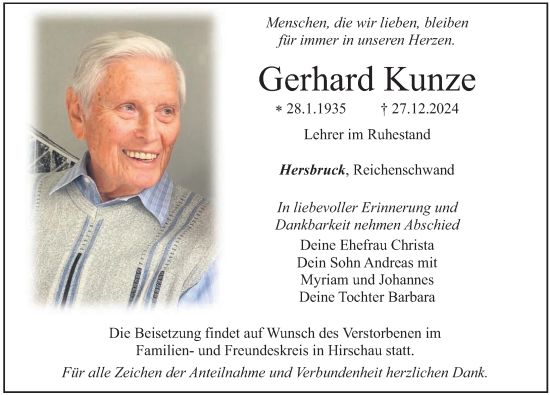 Traueranzeige von Gerhard Kunze von Gesamtausgabe Nürnberger Nachrichten/ Nürnberger Ztg.