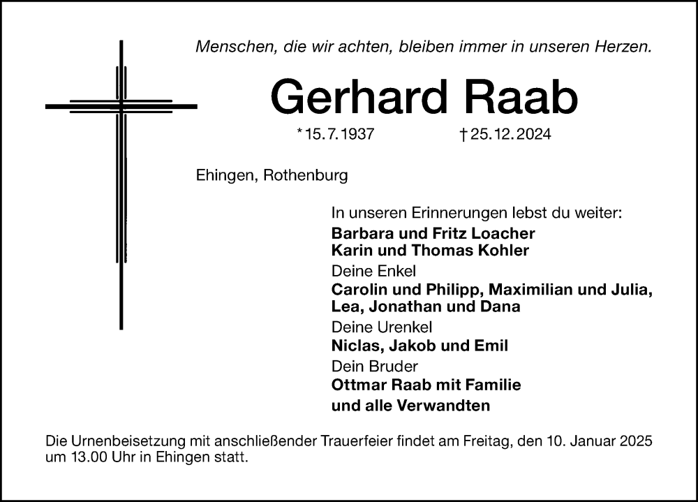  Traueranzeige für Gerhard Raab vom 08.01.2025 aus Altmühl-Bote Lokal