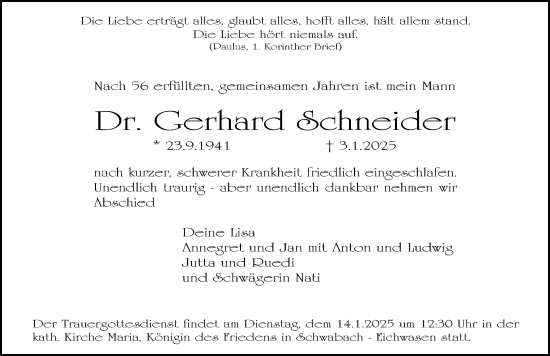 Traueranzeige von Gerhard Schneider von Schwabacher Tagblatt Lokal