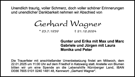 Traueranzeige von Gerhard Wagner von Gesamtausgabe Nürnberger Nachrichten/ Nürnberger Ztg.