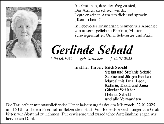 Traueranzeige von Gerlinde Sebald von Nordbayerische Nachrichten Pegnitz Lokal