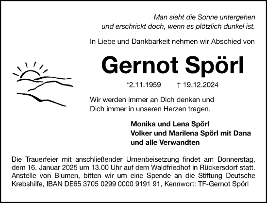 Traueranzeige von Gernot Spörl von Gesamtausgabe Nürnberger Nachrichten/ Nürnberger Ztg.
