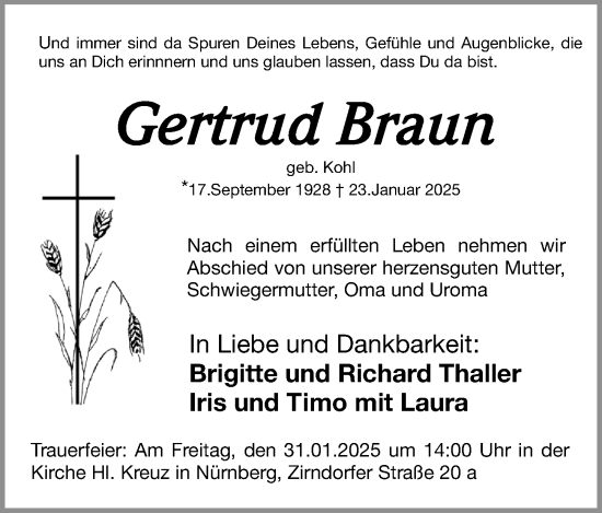 Traueranzeige von Gertrud Braun von Gesamtausgabe Nürnberger Nachrichten/ Nürnberger Ztg.