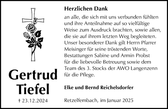 Traueranzeige von Gertrud Tiefel von Fürther Nachrichten Lokal