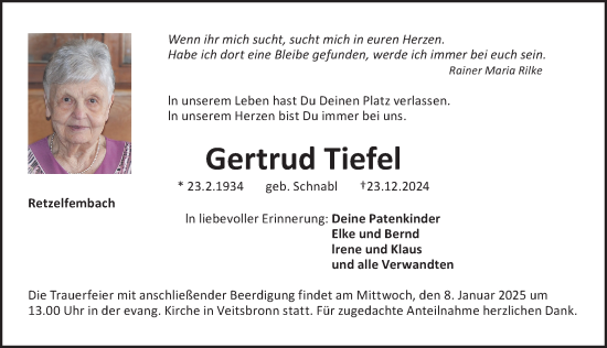 Traueranzeige von Gertrud Tiefel von Fürther Nachrichten Lokal