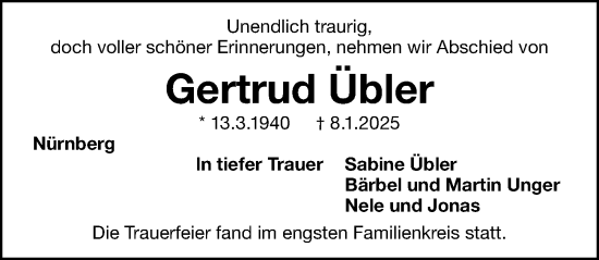 Traueranzeige von Gertrud Übler von Gesamtausgabe Nürnberger Nachrichten/ Nürnberger Ztg.