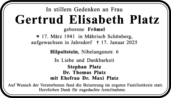 Traueranzeige von Gertrud Elisabeth Platz von Roth-Hilpoltsteiner Volkszeitung Lokal