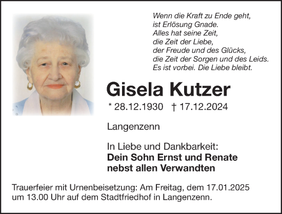 Traueranzeige von Gisela Kutzer von Fürther Nachrichten Lokal