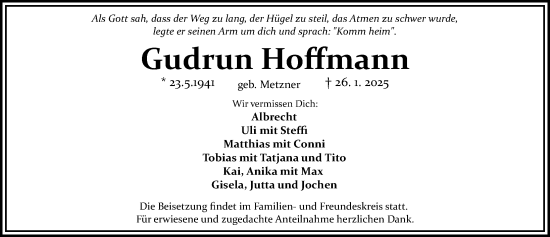 Traueranzeige von Gudrun Hoffmann von Gesamtausgabe Nürnberger Nachrichten/ Nürnberger Ztg.