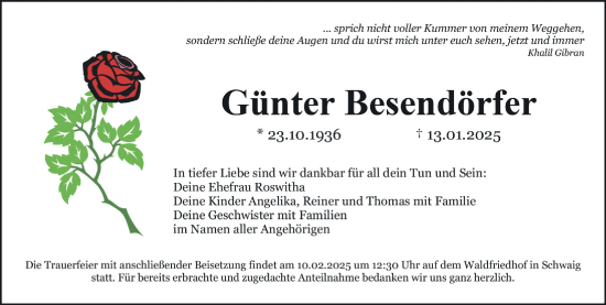 Traueranzeige von Günter Besendörfer von Gesamtausgabe Nürnberger Nachrichten/ Nürnberger Ztg.