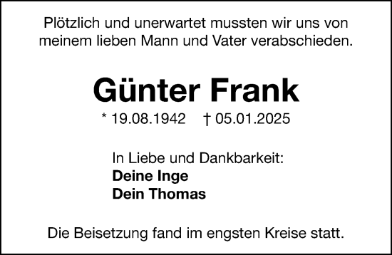 Traueranzeige von Günter Frank von Gesamtausgabe Nürnberger Nachrichten/ Nürnberger Ztg.