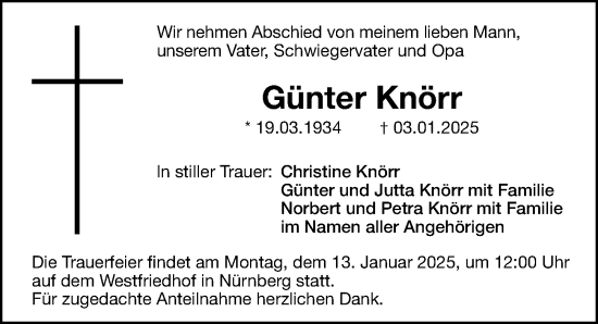 Traueranzeige von Günter Knörr von Gesamtausgabe Nürnberger Nachrichten/ Nürnberger Ztg.