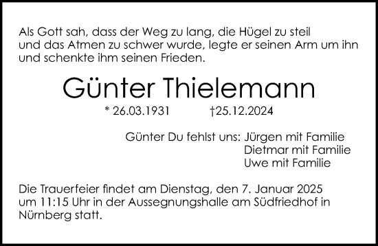 Traueranzeige von Günter Thielemann von Gesamtausgabe Nürnberger Nachrichten/ Nürnberger Ztg.