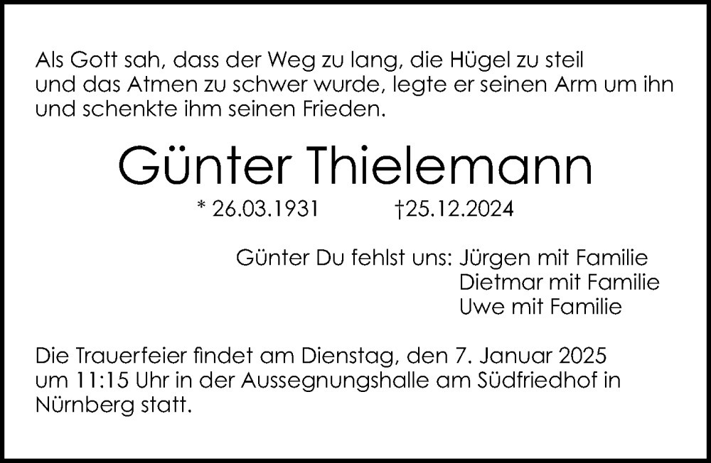  Traueranzeige für Günter Thielemann vom 04.01.2025 aus Gesamtausgabe Nürnberger Nachrichten/ Nürnberger Ztg.