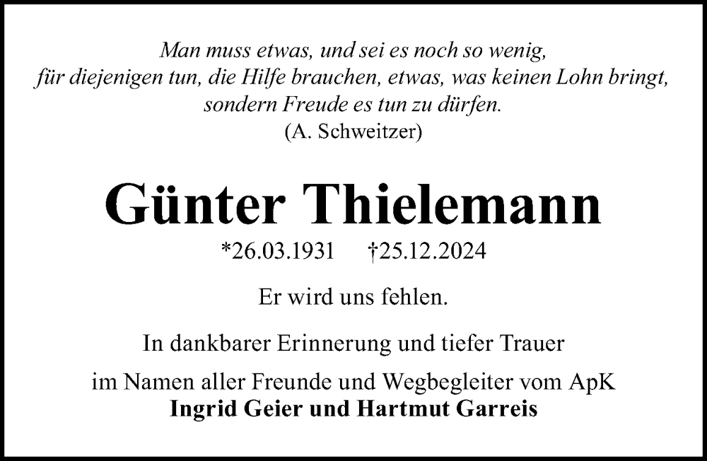  Traueranzeige für Günter Thielemann vom 04.01.2025 aus Gesamtausgabe Nürnberger Nachrichten/ Nürnberger Ztg.