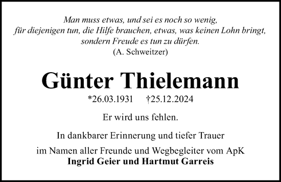 Traueranzeige von Günter Thielemann von Gesamtausgabe Nürnberger Nachrichten/ Nürnberger Ztg.