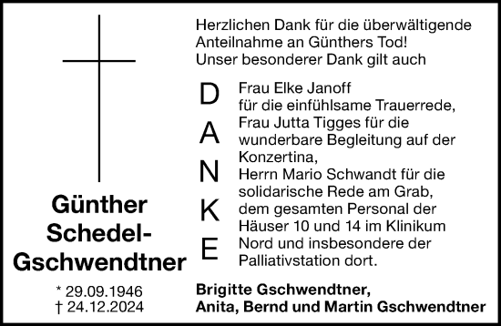 Traueranzeige von Günther Schedel-Gschwendtner von Gesamtausgabe Nürnberger Nachrichten/ Nürnberger Ztg.