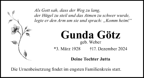 Traueranzeige von Gunda Götz von Gesamtausgabe Nürnberger Nachrichten/ Nürnberger Ztg.
