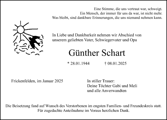 Traueranzeige von Gunther Schart von Altmühl-Bote Lokal