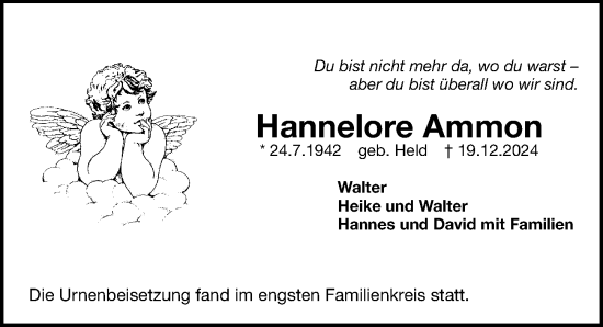 Traueranzeige von Hannelore Ammon von Gesamtausgabe Nürnberger Nachrichten/ Nürnberger Ztg.