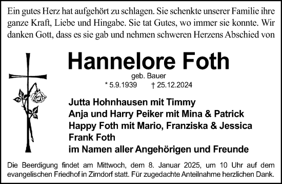 Traueranzeige von Hannelore Foth von Fürther Nachrichten Lokal
