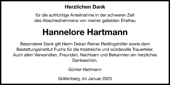 Traueranzeige von Hannelore Hartmann von Nordbayerische Nachrichten Forchheim Lokal