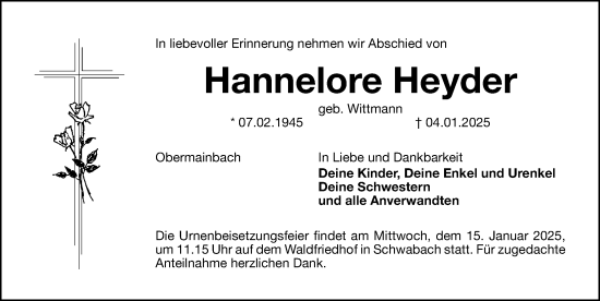 Traueranzeige von Hannelore Heyder von Schwabacher Tagblatt Lokal